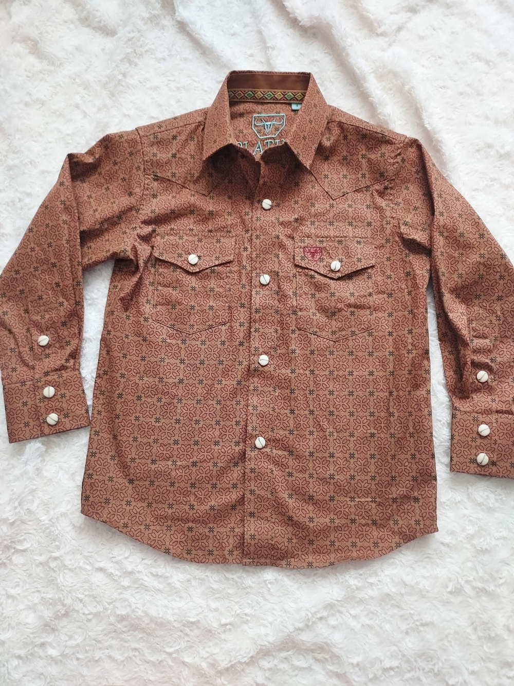 Boys' Size 4 Patterned Brown Western Pearl Snap Button-Down Shirt Cowboy Rodeo